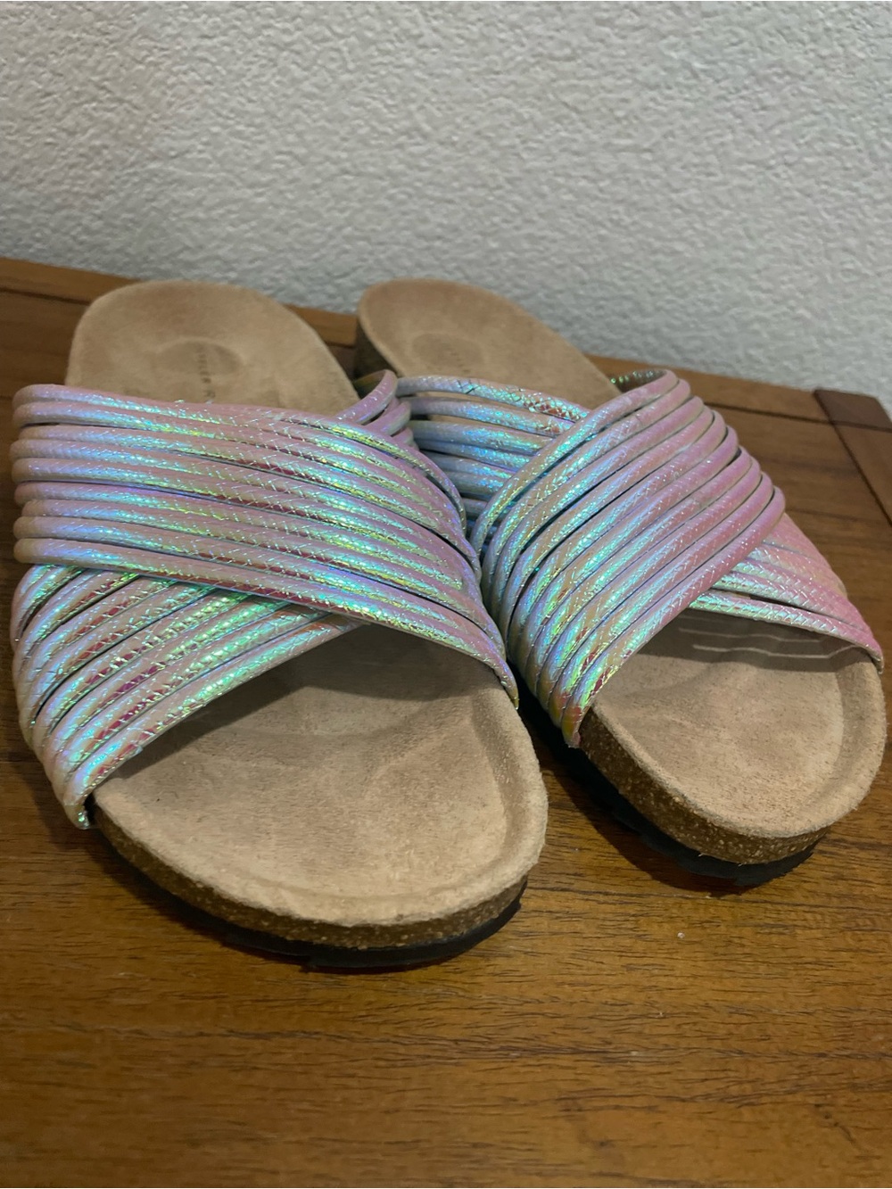 *Iridescent Rainbow* Loeffler Randall Crossband “Petra” Sandals , sz 5 fairycore